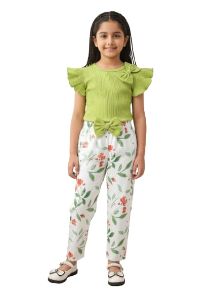Girls Ribbed Green Ruffle Sleeve Top with Floral Printed Pants Outfit Set – Stylish Casual Summer Clothes for Kids