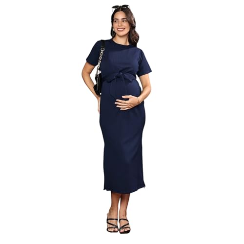 Image of MomToBe Women's Bodycon Calf Length Polyester Maternity Dress for Pre and Post Pregnancy