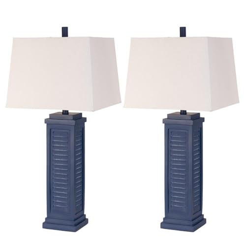 Pemberly Row Shutter Navy Blue Table Lamps, 32 in, Poly Resin Base, Linen Hardback Shade, USB Port, 3-Way Switch, Coastal Style Lighting for Bedroom, Living Room, Set of 2