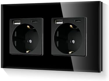 LIAONFOY 20W Doppel Wandsteckdose USB C Kombination Kindersicherung Zweifach Steckdose Kompatibel mit iPhone iPad Android Schwarz 2Fach 157mm 100-250V (Neutrale erforderlich)
