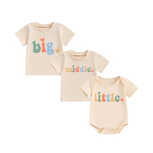 Image of Omkzanbi Big Middle Little Sibling Shirts Retro Bodysuit Big Brother Little Sister Outfit Gender Neutral Announcement Shirt (Beige-Little, 0-3 Months)
