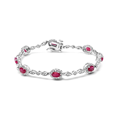Haus of Brilliance 10K White Gold 4.5mm x 3mm Oval Ruby and Diamond Link Bracelet (H-I Color, SI1-SI2 Clarity) - Size 7"