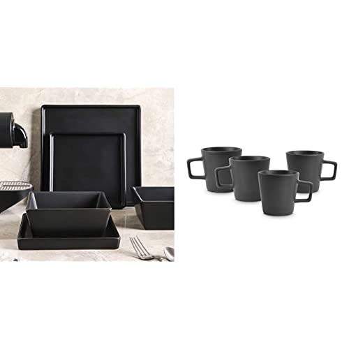 Stone Lain Grace Square Stoneware Dinnerware Set, 24 Piece Service For 8, Black & Stoneware Mugs Set, Black Matte #TOP19