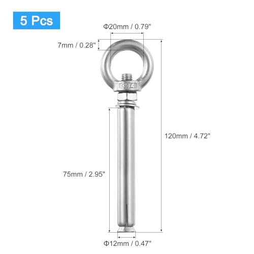 Image of uxcell Ring Lifting Expansion Eyebolt, 5pcs M8x100mm 304 Stainless Steel Expansion Screw with Eye Ring for Concrete Brick Wall