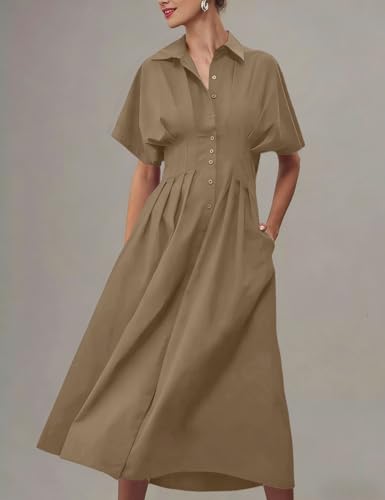 Image of Yeokou Shirt Dress for Women Summer Casual Short Sleeve Button Down Loose Pleated Maxi Sundress with Pockets