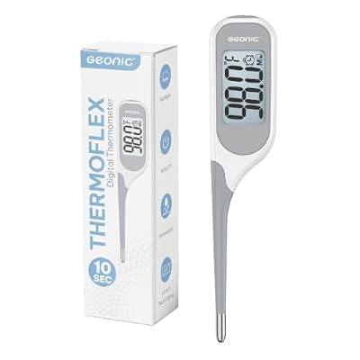 Geonic Backlit Digital Thermometer for Adults & Kids, Fast 10-Second Reading, Flexible Tip, Large 1.4 Inch Display, Waterproof, Fever Alarm, White