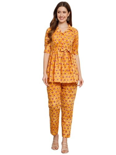 Image of Women's Cotton Regular Fit V Neck Printed Top with Trouser Co-ords Set with Fashion & Elegant Design (1 Top 1 Pant 1 Belt)