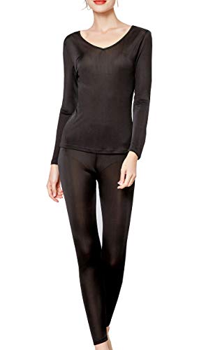METWAY Women's Silk Long Johns V-Neck Pure Silk Thermal Underwear Sets for Winter Base Layer