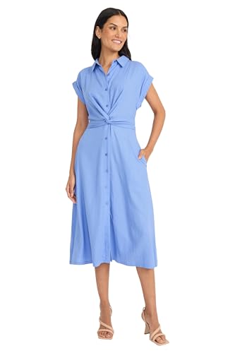 Maggy London Women's Button Down Midi Length Shirt Pockets and Belt-Twist Front Detail-a Line Work Dress4