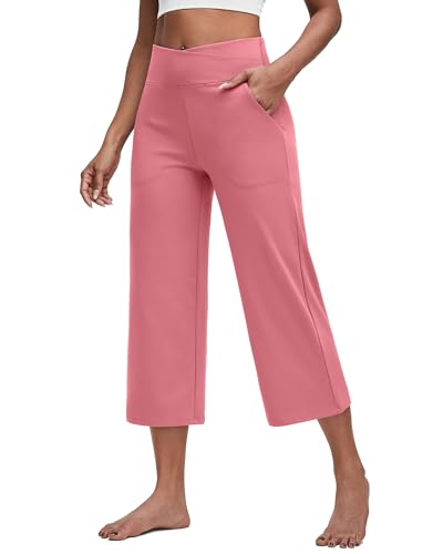 Image of G4Free Capri Pants for Women Wide Leg Yoga Dress Capris with Pockets Cross Loose Casual Work Crop Pants