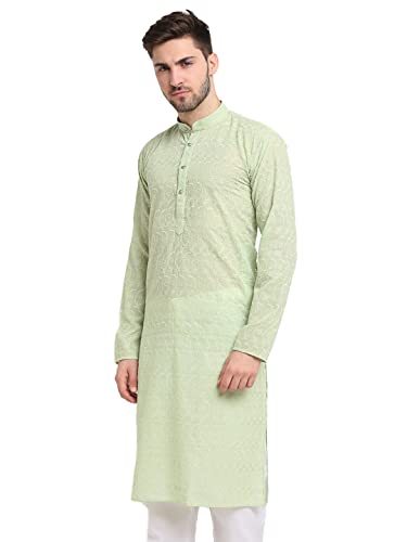 Image of Jompers Men Green Ethnic Embroidered Pure Cotton Kurtas.