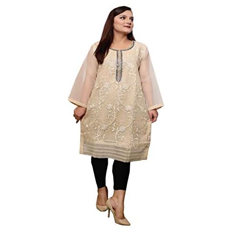 SUFIA FASHIONS Women Indian Pakistani Kurti Kurta Stylish Organza with Lining Full Embroidered Tunic Tops Ethnic Dress Gold/Sky Blue (S 38" (UK 10), Gold) Cover
