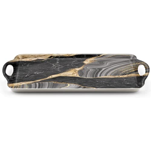 Serving Tray Decorative Tray With Handles Multi-Purpose Rectangular Serving Trays For Restaurant, Parties, Coffee Table, Kitchen - Black And Gold Marble Pattern #TOP2