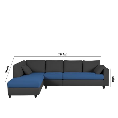 Image of Florian LHS 6 Seater L Shape Sofa Set for Living Room (Blue Black Fabric) Premium Fabric Sofa