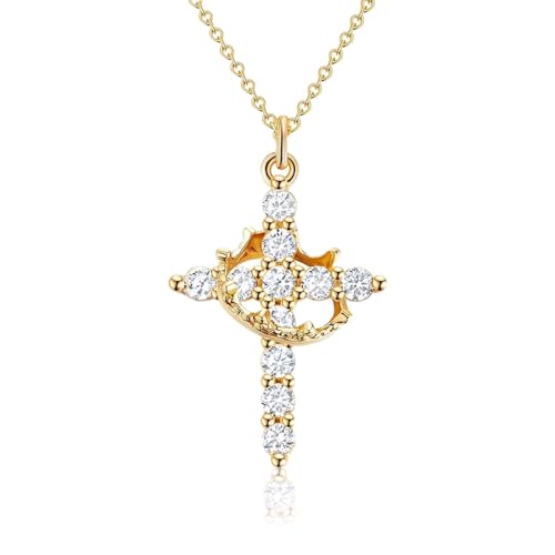 Chaîne en forme de croix plaquée or 14 carats - Pour femme - Avec couronne et symbole de croix - Élégante chaîne avec pendentif en forme de croix - Bijou fantaisie - Cadeau pour femme