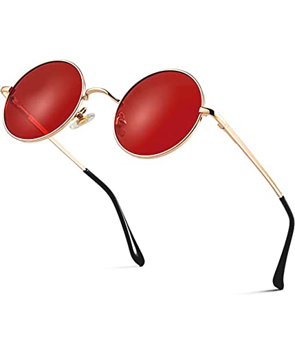 Image of Red Lens Circle Glasses Small Round Polarized Sunglasses for Women Men Retro Hippie Style Circle Sun Glasses
