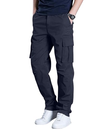 DOWMQ Mens Cargo Pants Stretch Sweatpants Elastic Drawstring Casual Workout Joggers Hiking Tactical Pants with 6 Pockets Navy Blue M