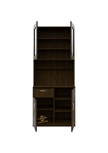 Image of CASPIAN Multipurpose Wooden Cabinet (Coffee Brown) | Glass Door Showcase | Engineered Wood | Use as Bookshelf & Kitchen Crockery Unit | for Bedroom, Living & Study Room, Home & Office