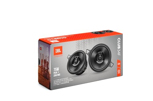 JBL Club 34F - 3-1/2" (87mm) Two-Way Car Speaker, 75 Watts Peak, 25 Watts RMS, Sensitivity (@ 2.83V): 89dB, Frequency Response: 90Hz &ndash; 20kHz, Nominal Impedance: 3.0 ohms