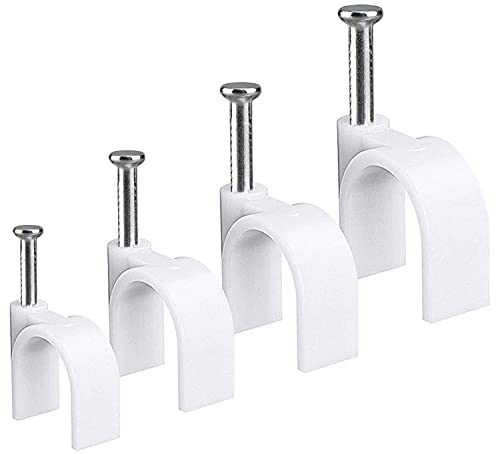 Round Cable Wire Clips, RG6/RG59/CAT5/CAT6/RJ45 Electrical Ethernet Dish TV Speaker Wire Cord Tie Holder, Single Coaxial Nail Clamps (6mm + 8mm + 10mm + 12mm 400pcs)