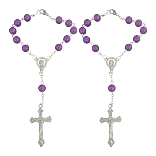 2PCS Purple Rosary Pendant for Rearview Mirror, Car Interior Rear View Mirror Charm Auto Decor, Medal and Cross Personalized Hanging Accessories for Women and Men