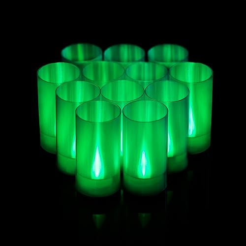 Image of Lanker Flameless Candles, Battery Operated LED Pillar D1.5 x H3 inch, Flickering Green Long Flame-Effect Light, Romantic Electronic Fake Votive Candles for Halloween, Set of 12 (Green)