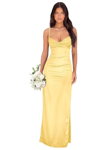 Spaghetti Straps Bridesmaid Dresses Long for Women Pleated Satin Formal Party Gown with Slit