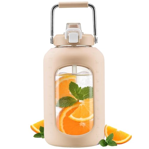 Image of WINSA 100 oz Glass Water Bottle with Straw, 3 Liter, Amber | Gallon Drinking Bottle, With Handle, Silicone Sleeve, For Gym Sports, Wide Mouth