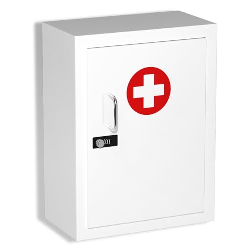 Wensha Locking Medicine Cabinet Wall-Mount: Storage Cabinet with Combination Lock & Key - White Metal First Aid Kits for Family Safety and Childproofing