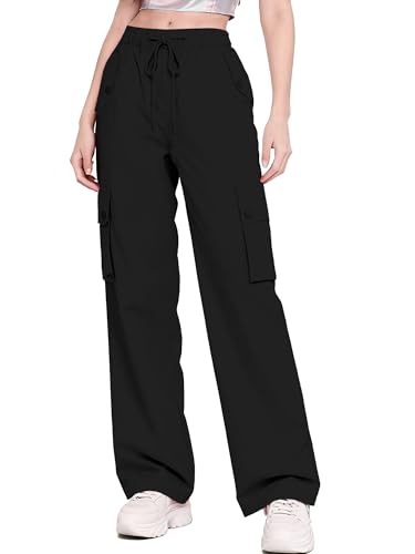 Image of Betusline Girls & Women's High Waist Wide Leg Cargo Pants Y2K Parachute Pants with Pockets and Drawstring 6 Years-Women 2XL