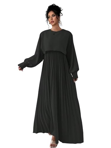 Image of LITZO Dress for Women || Women's Solid Pleated Maxi Dress || Modest Long Sleeve Loose Fit Flowy Gown for Casual, Office & Brunch || Lightweight Comfortable Western Outfit (T-L-17-18)
