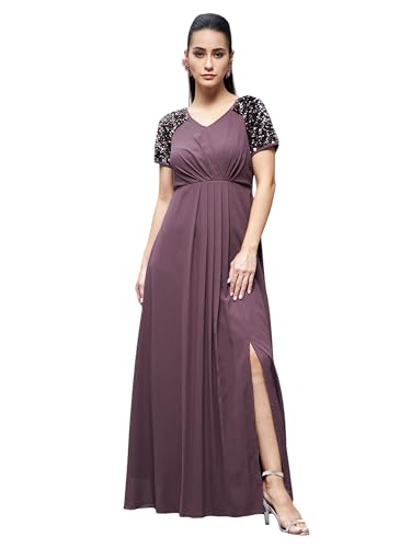 Image of Miss Chase Women's Round Neck Sleeve Embellished Fit Flare Maxi Dress