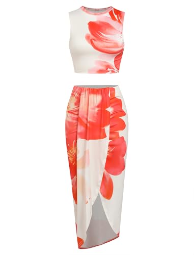 Image of ZAFUL Women's Casual Sleeveless Summer Two Piece Outfits Crop Top and Side Split Draped Ruched Maxi Skirt Set Solid Suiting