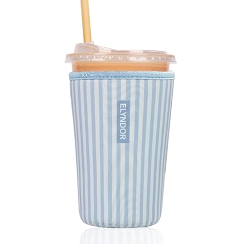 Image of Reusable Insulated Sleeve for Iced Coffee Cup, Coffee Neoprene Sleeve for Cold & Hot Drinks, Beverage Holder for Iced Coffee (Blue Stripes, Medium: 22-24oz)