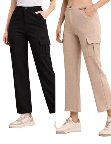 Image of Women's Cargo Pants High Waisted Baggy Wide Leg Cargo Trousers Casual Loose Fit 4 Pocket Utility Streetwear Fashion Work Bottoms, White Black Pink Lavender Beige Brown