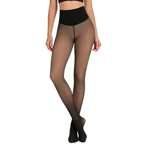 Image of X-CHENG Fleece Lined Tights Sheer Women - Fake Translucent Warm Pantyhose Leggings Sheer Thick Tights for Winter