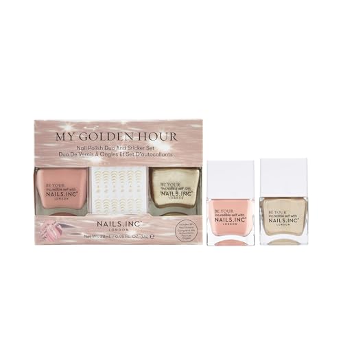 Nails Inc My Golden Hour, Gold Shimmer, Pink, Glossy, No Chip, Long Lasting, Quick Dry, Air Dry, Professional Manicures & Pedicures, Fingernails & Toenails, Vegan Nail Polish Trio, 3 Piece Set