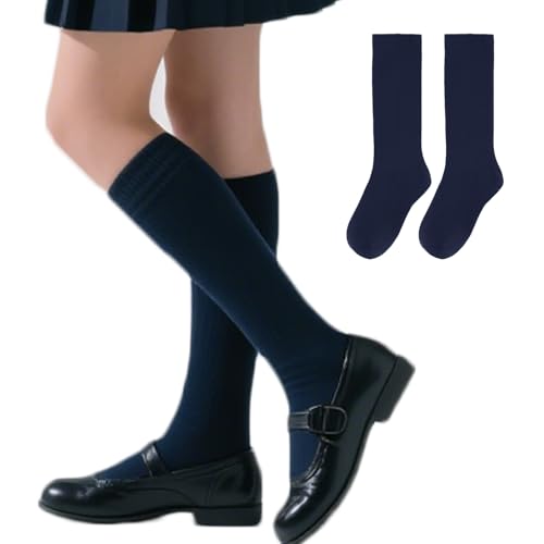 LMHCISO Girls Knee High Socks School Uniform Dress Sock Cotton Navy Blue