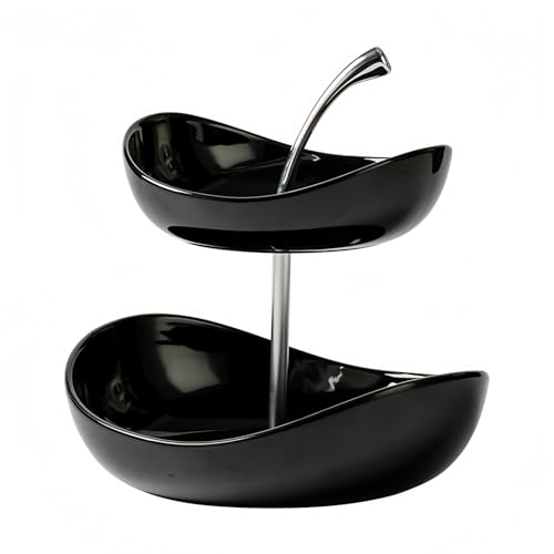 GUASDIE Bandeja de frutas de doble capa Cuenco de frutas de cerámica de 3 niveles Cuencos de cerámica de varias capas con soporte de metal, bandeja para servir,Negro,Double Layer