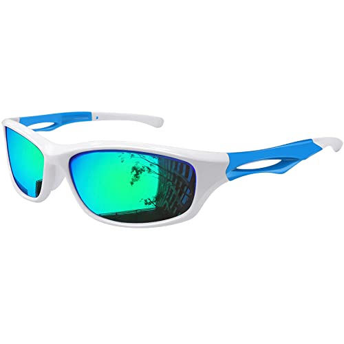 Joopin Polarized Sport Sunglasses for Women Men, Lightweight Running Glasses UV Protection, Trendy Wrap Around Shades Sunnies (White Frame Green Mirrored Lens)