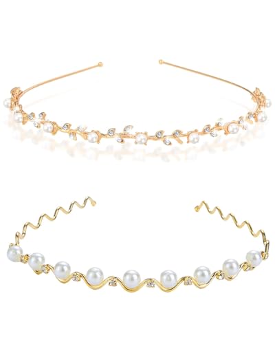 MYGLOAR 2 Stück Braut-Haarschmuck, goldenes Diadem, funkelndes Kristall-Stirnband für Frauen, Hochzeit, Blumen für Frauen und Mädchen, Haarband-Krone (Blätter)
