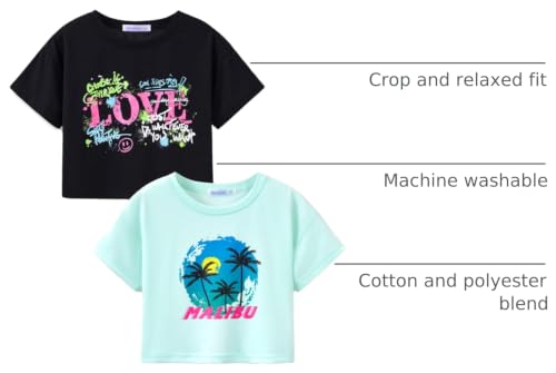 Image of Stylish Graffiti /Butterfly Graphic Crop Top for Girls -Cool Summer T-Shirt Soft Colorful 2-Pack Tees Size 6-18