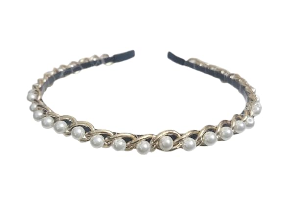 Image of Elegant&Exclusive Women's Fashion Chain Stones Hairbands /Headbands from Our Embellished Collection Useful for Girls & Women (Sleek Gold Chan with Pearls)