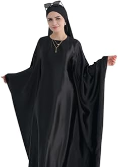Abaya Muslim Dress Women Satin Prayer Dress Batwing Long Sleeve Middle East Arabian Robe with Hijab