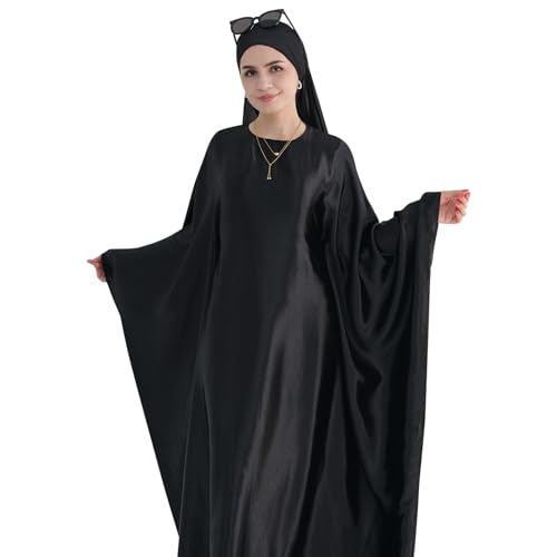 Abaya Muslim Dress Women Satin Prayer Dress Batwing Long Sleeve Middle East Arabian Robe with Hijab