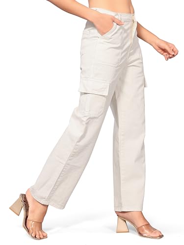 Image of ELLITI Women's 6 Pocket Regular Fit High Rise Relaxed /Boyfriend Fit, Wide Leg, Bell Bottom, Pure Denim Ankle Length Jeans Pants