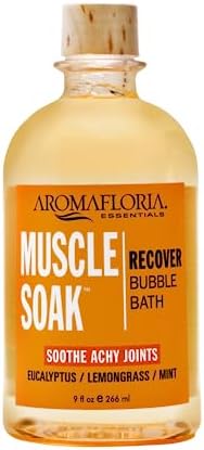 Aromafloria Aromatherapy Muscle Soak Recover Bubble Bath - Eucalyptus, Peppermint, Lemongrass Oil Scented - Foaming & Soothing Bath Bubbles for Men & Women - Joint & Muscle Pain Relief (9 Oz Bottle)
