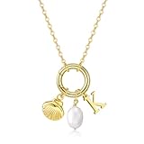 Collar con dije de inicial para mujer, collar de concha, collar de perlas chapado en oro de 14 quilates, collar con colgante de letra delicada, collar de conchas marinas, joyería de playa, Latón, No