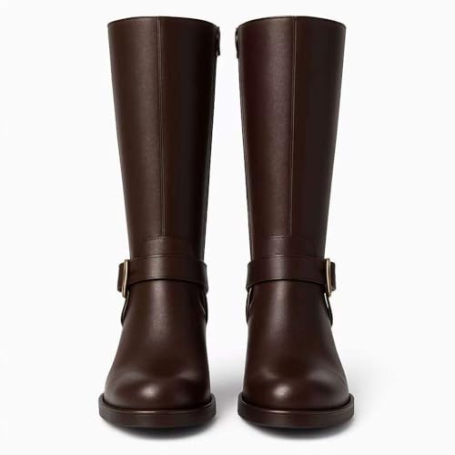 Women’s Knee High Boots for Women, Moto Biker Harness Riding, Round Toe Stacked Heel, Side Zip, Non-Slip Outsole, Cushion Insole, Wide Calf, Faux Leather2