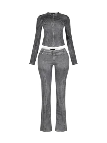 THLAI Fall Women's Two Piece Outfits Denim Jacket with Long